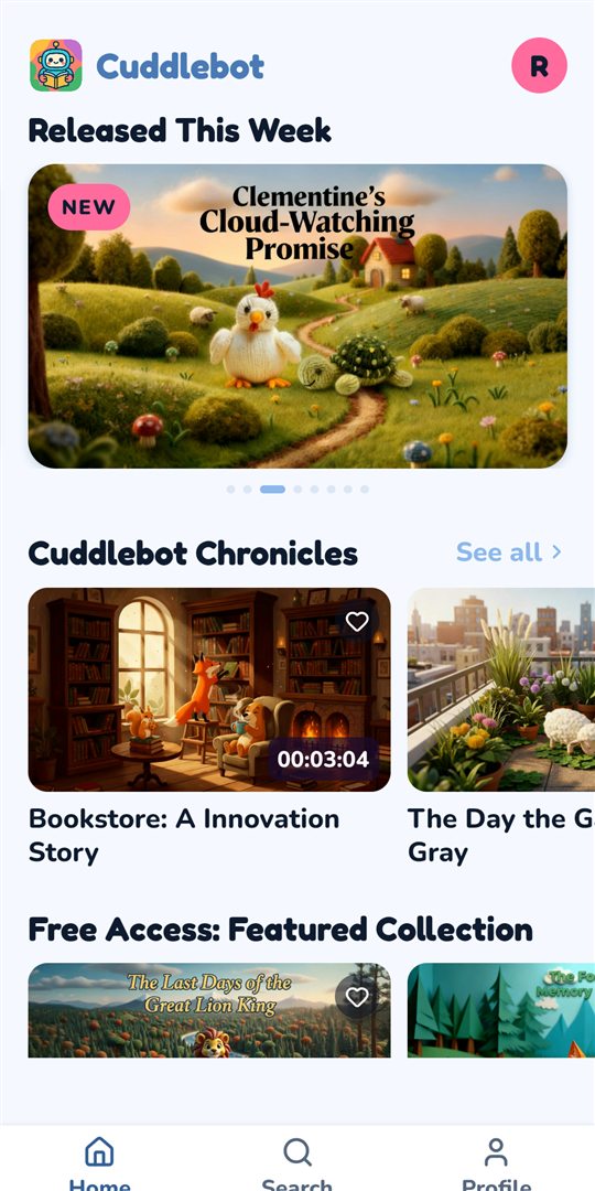 Cuddlebot app: home screen